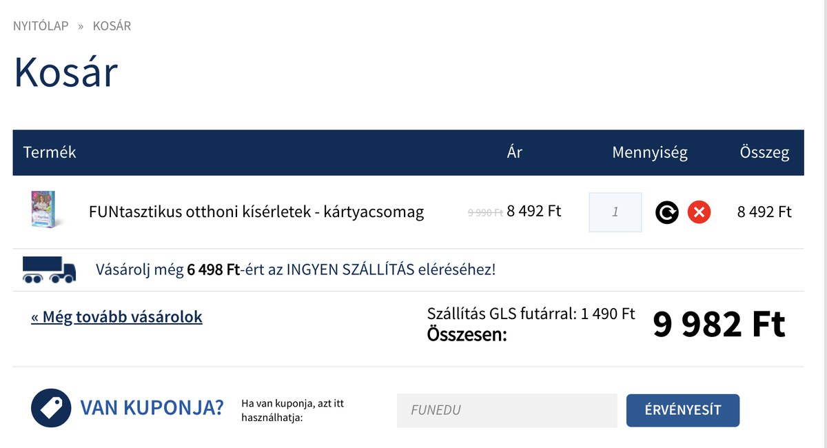 A FUNEDU kuponkód beírása a kosár kuponmezőjébe