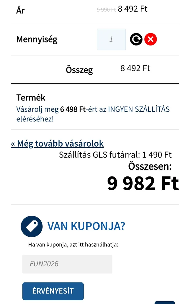 Kupon mező — házhozszállítással 9 982 Ft